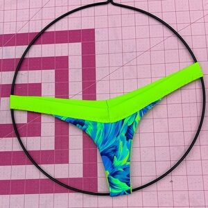 Demon Bikini Handmade Swim Neon Green Blue Floral Thong Bikini Bottom XS Beach